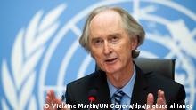 29.11.2020, UN-Hauptquartier, Genf, Geir Otto Pedersen, Sondergesandter der Vereinten Nationen für Syrien, spricht bei einer Pressekonferenz im europäischen UN-Hauptquartier. +++ dpa-Bildfunk +++