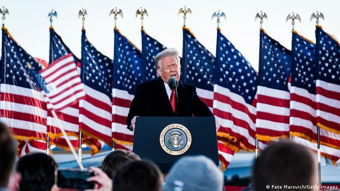 President Donald Trump speaks to his supporters prior to boarding Air Force One to head to Florida on January 20, 2021 in Joint Base Andrews, Maryland. 