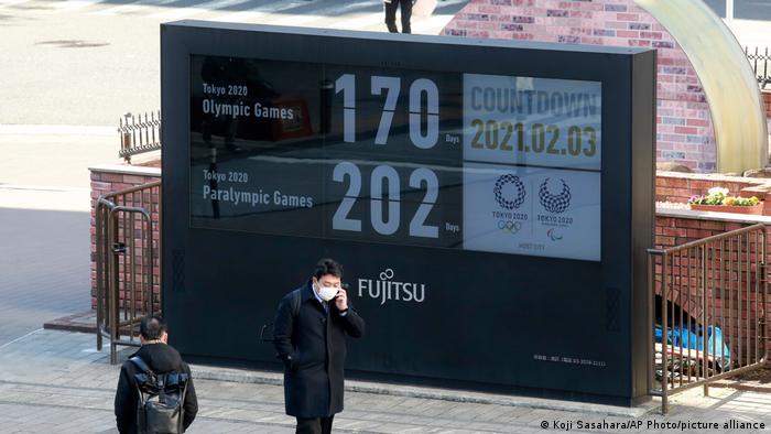 The Olympic countdown clock on February 3 in Tokyo