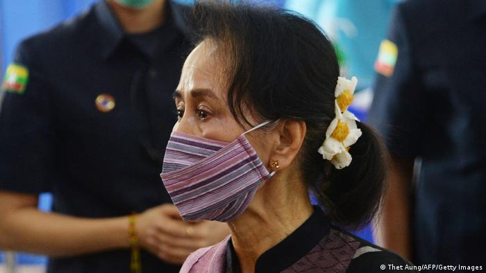 Myanmar's State Counsellor Aung San Suu Kyi wearing a mask