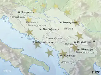 Symbolbild Europa Westbalkan EU-Erweiterung Albanien, Bosnien und Herzegowina, Kosovo, Kroatien, Mazedonien, Montenegro, Serbien DW-Grafik Olof Pock Datum 03.06.2010