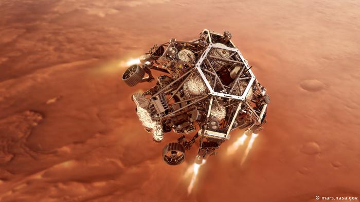 Illustration of the NASA Perseverance rover descending on Mars