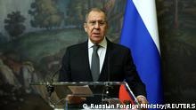 Russia's Foreign Minister Sergei Lavrov attends a news conference following a meeting with European Union's foreign policy chief Josep Borrell in Moscow, Russia February 5, 2021. Russian Foreign Ministry/Handout via REUTERS ATTENTION EDITORS - THIS IMAGE WAS PROVIDED BY A THIRD PARTY. NO RESALES. NO ARCHIVES. MANDATORY CREDIT.