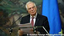 European Union's foreign policy chief Josep Borrell attends a news conference following a meeting with Russia's Foreign Minister Sergei Lavrov in Moscow, Russia February 5, 2021. Russian Foreign Ministry/Handout via REUTERS ATTENTION EDITORS - THIS IMAGE WAS PROVIDED BY A THIRD PARTY. NO RESALES. NO ARCHIVES. MANDATORY CREDIT.