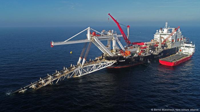 A ship works offshore in the Baltic Sea on the natural gas pipeline Nord Stream 2 from Russia to Germany