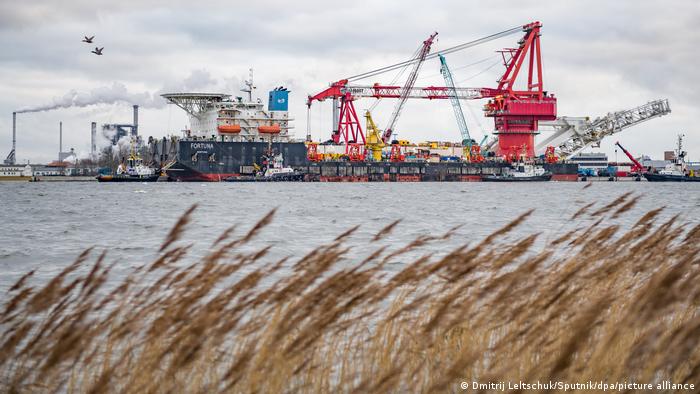 Russia's pipe-laying ship Fortuna is seen in the port ahead of the resumption of Nord Stream 2 gas pipeline