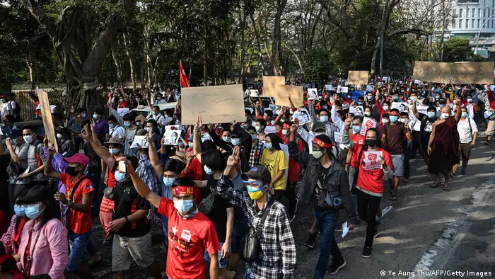 Crowd of protesters in Yangon, Myanmar