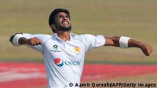 Pakistan's Hasan Ali celebrates after taking the wicket of South Africa's George Linde (not pictured) during the fifth and final day of the second Test cricket match between Pakistan and South Africa at the Rawalpindi Cricket Stadium in Rawalpindi on February 8, 2021. (Photo by Aamir QURESHI / AFP) (Photo by AAMIR QURESHI/AFP via Getty Images)