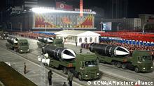 This photo provided by the North Korean government shows missiles during a military parade marking the ruling party congress, at Kim Il Sung Square in Pyongyang, North Korea Thursday, Jan. 14, 2021. Independent journalists were not given access to cover the event depicted in this image distributed by the North Korean government. The content of this image is as provided and cannot be independently verified. Korean language watermark on image as provided by source reads: KCNA which is the abbreviation for Korean Central News Agency. (Korean Central News Agency/Korea News Service via AP)