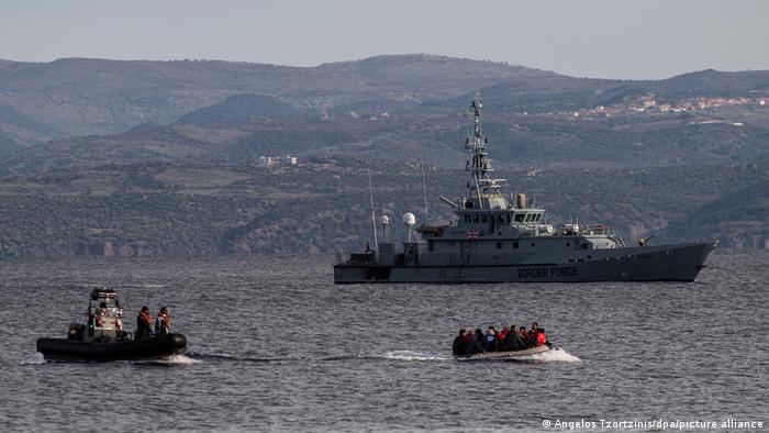 Frontex mission boats in the sea off Lesbos