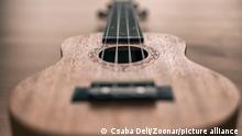 Closeup of a brown ukulele on wooden background with very shallow depht of field