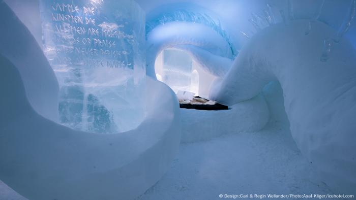 View into a suite at the Icehotel Jukkasjärvi in Sweden