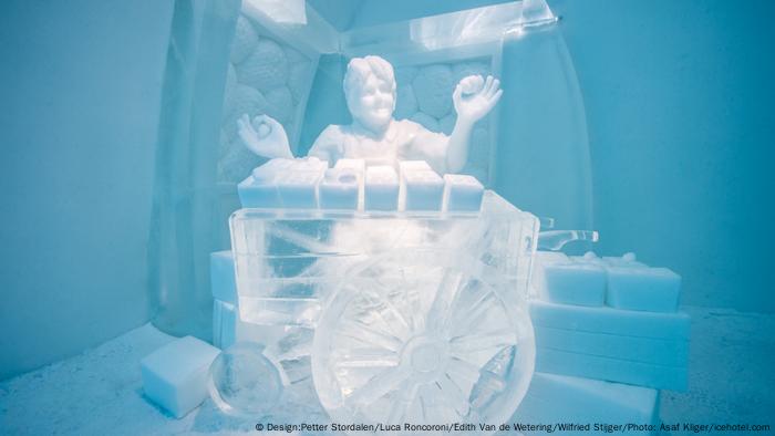 A street vendor as an ice sculpture at Icehotel Jukkasjärvi