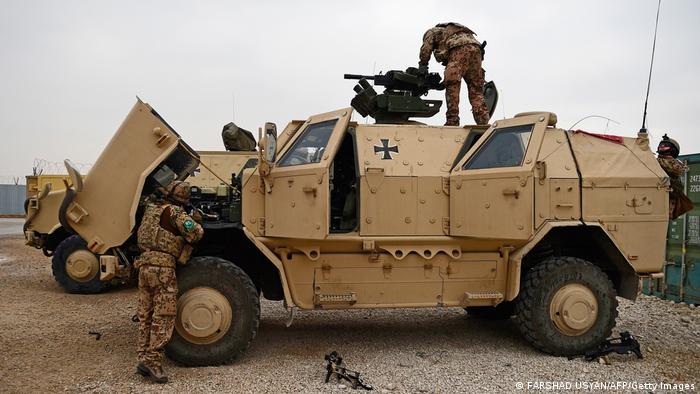 German troops display a military vehicle at the NATO military base Camp Marmal on the outskirts of Mazar-i-Sharif in 2019