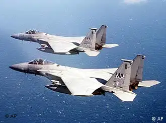 Massachusetts US Air National Guard F-15 Eagle fighter jets fly combat air patrol mission over Atlantic Ocean in support of Operation Noble Eagle