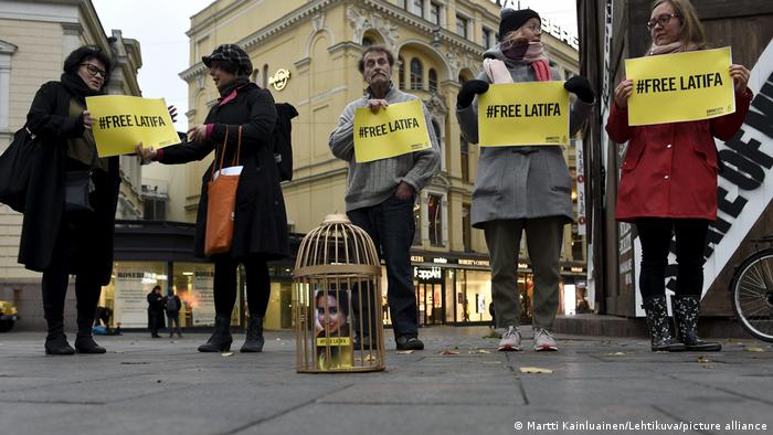Protesters gather in Helsinki with posters demanding to free Latifa