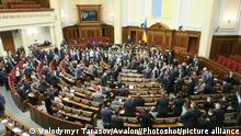 KYIV, UKRAINE - FEBRUARY 17, 2021 - MPs are gathered at the rostrum during a regular sitting of the Verkhovna Rada, Kyiv, capital of Ukraine., Credit:Volodymyr Tarasov / Avalon