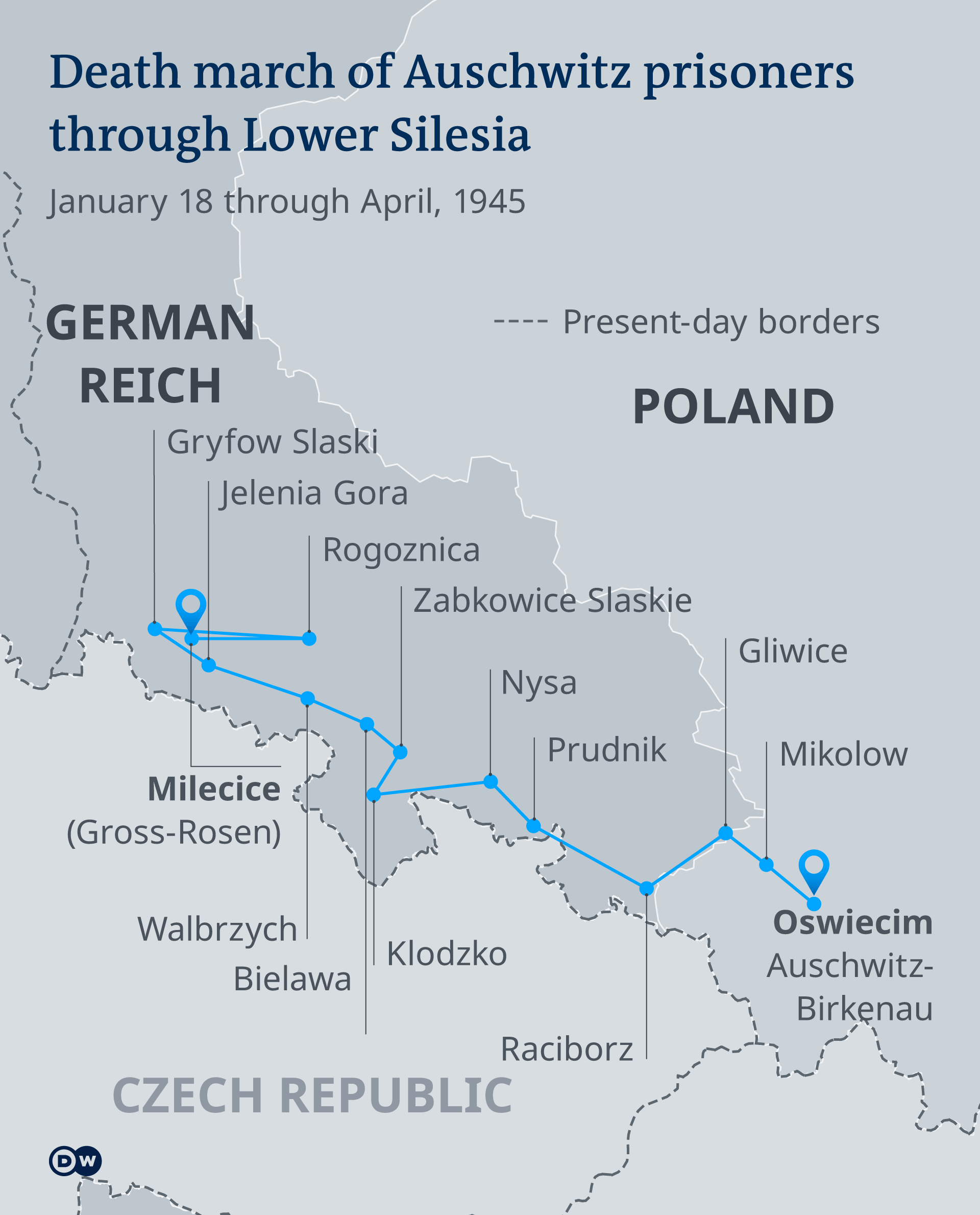 A map showing the route of the Auschwitz death march