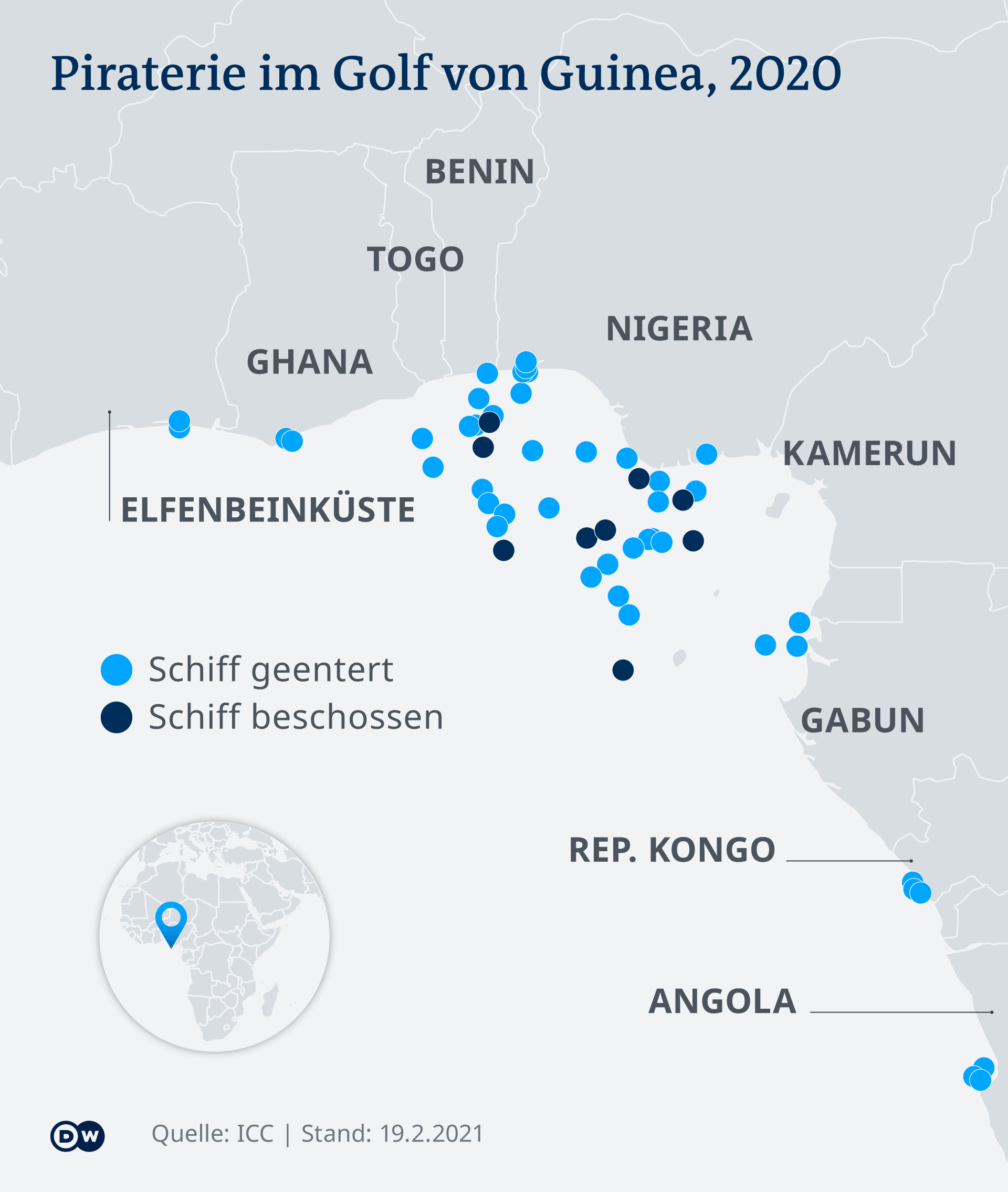 Carte du Golfe de Guinée en 2020. Les points bleus indiquent les navires qui ont embarqué et les points noirs ceux qui ont été la cible des pirates.