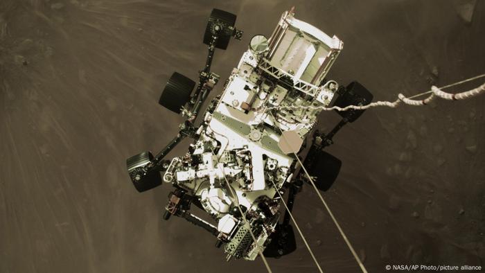 The Perseverance rover heading towards the surface of Mars