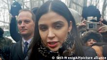Emma Coronel Aispuro, center, wife of Joaquin El Chapo Guzman, leaves federal court in New York, Tuesday, Feb. 12, 2019. On Tuesday, Mexico's most notorious drug lord was convicted of running an industrial-scale smuggling operation after a three-month trial packed with Hollywood-style tales of grisly killings, political payoffs, cocaine hidden in jalapeno cans, jewel-encrusted guns and a naked escape with his mistress through a tunnel. (AP Photo/Seth Wenig)