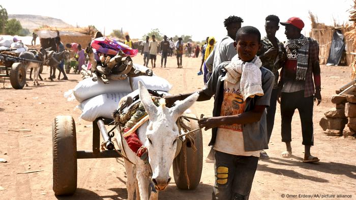 A youth guides a donkey cart laden with possessions 