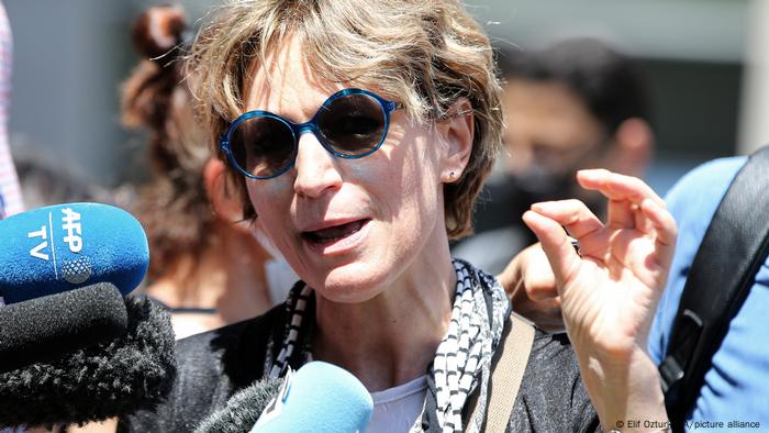 Agnes Callamard speaks to reporters