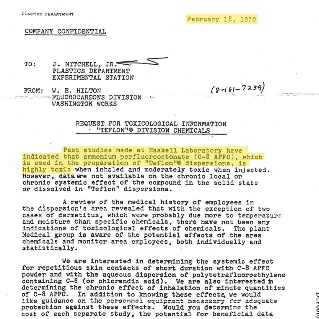  Документ, който демонстрира, че още през 1970 година в DuPont са били наясно с рисковете за здравето 
