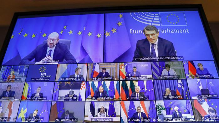 European Council President Charles Michel, top screen left, takes part in an EU Summit, via videoconference link, at the European Council building in Brussels, Thursday, Feb. 25, 2021.