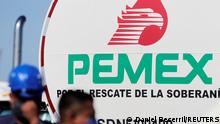 FILE PHOTO: A logo of the Mexican state oil firm Pemex is pictured during a visit of Mexico's president, Andres Manuel Lopez Obrador, at Cadereyta refinery, in Cadereyta, on the outskirts of Monterrey, Mexico August 27, 2020. REUTERS/Daniel Becerril/File Photo