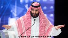 FILE PHOTO: Saudi Crown Prince Mohammed bin Salman speaks during the Future Investment Initiative Forum in Riyadh, Saudi Arabia October 24, 2018. Bandar Algaloud/Courtesy of Saudi Royal Court/Handout via REUTERS/File Photo ATTENTION EDITORS - THIS PICTURE WAS PROVIDED BY A THIRD PARTY.