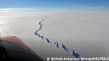 A chasm called the North Rift formed on the Brunt Ice Shelf is seen in Antarctica, February 26, 2021, in this still image obtained from social media video. BRITISH ANTARCTIC SURVEY/via REUTERS THIS IMAGE HAS BEEN SUPPLIED BY A THIRD PARTY. MANDATORY CREDIT. NO RESALES. NO ARCHIVES. TPX IMAGES OF THE DAY