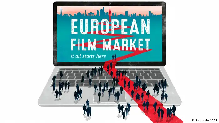 Das Logo des European Film Market. Es zeigt einen roten Teppich auf einem Laptop, der im Bildschirm auf den Berliner Fernsehturm zuläuft.