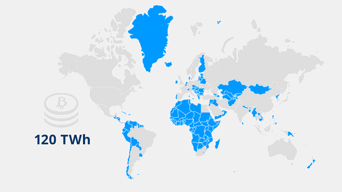 Un mapa global que muestra los distintos países que consumen menos electricidad que Bitcoin