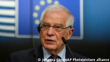 European Union foreign policy chief Josep Borrell speaks during a media conference after a meeting of EU foreign ministers at the European Council building in Brussels, Monday, Feb 22, 2021. (Johanna Geron, Pool via AP)