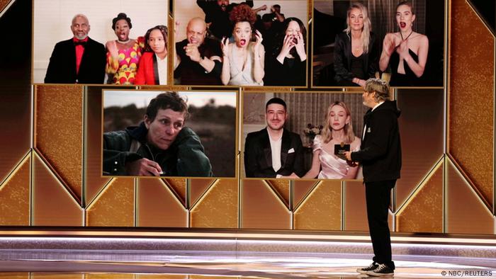 Nominees shown on screen during the 78th Golden Globes 2021