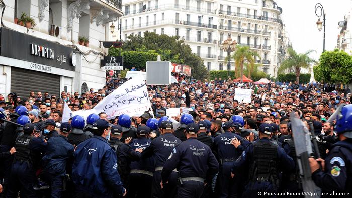 Hirak Demo in Algiers. Helmuted police block protesters
