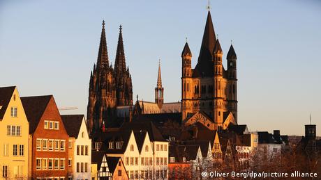 View of houses and the cathedral in the old town center of Cologne, Germany