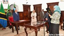 President Dr. Hussein Ali Mwinyi swearing in Dr. Saada Mkuya Salum as State Minister in the office of the First Vice President, at State House in Zanzibar, March 04, 2021. 