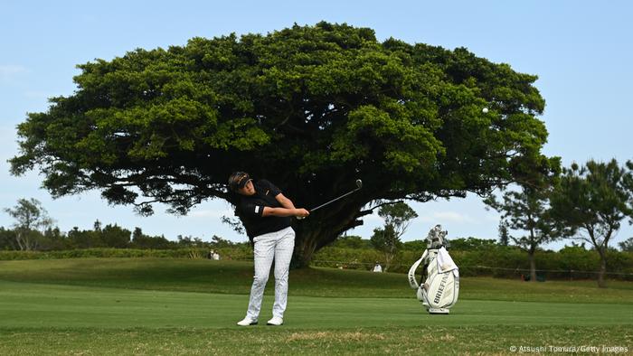 Haruka Kudo of Japan plays a shot on the 17th hole during the second round of the Daikin Orchid Ladies at the Ryukyu Golf Club on March 5, 2021 in Nanjo, Okinawa, Japan