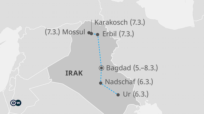 Infografik Karte Reise des Papstes in den Irak DE
