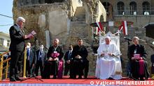 Pope Francis attends a prayer for war victims at 'Hosh al-Bieaa', Church Square, in Mosul's Old City, Iraq, March 7, 2021. Vatican Media/­Handout via REUTERS ATTENTION EDITORS - THIS IMAGE WAS PROVIDED BY A THIRD PARTY.