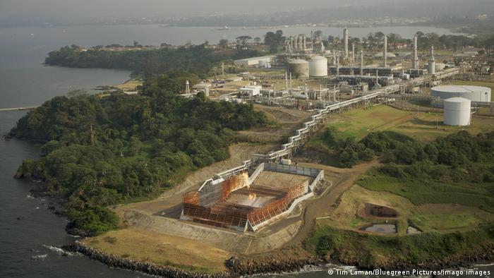 Aerial view of oil company facilities at Malabo, Bioko Island, Equatorial Guinea