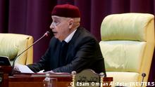 Parliament head Aguila Saleh attends a session to discuss approving new government, in Sirte, Libya March 8, 2021. REUTERS/Esam Omran Al-Fetori