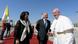 Pope Francis (right) pictured with Iraq's President Barham Salih (center) and his wife Sarbagh Salih (left) before departing from Baghdad International Airport Pope Francis (right) pictured with Iraq's President Barham Salih (center) and his wife Sarbagh Salih (left) before departing from Baghdad International Airport