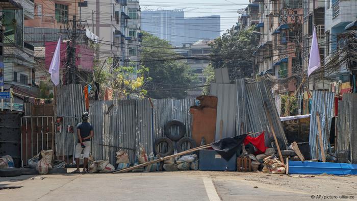 A sheet metal barricade in Yangon A sheet metal barricade in Yangon