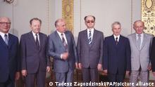 (L-R) General Secretary of the Central Committee of the Socialist Unity Party of Germany Erich Honecker, General Secretary of the Communist Party of Czechoslovakia Milos Jakes, General Secretary of the Central Committee of the Communist Party of the Soviet Union Mikhail Gorbachev, First Secretary of the Polish United Workers' Party general Wojciech Jaruzelski, General Secretary of the Romanian Communist Party Nicolae Ceausescu and General Secretary of the Central Committee of the Bulgarian Communist Party Todor Zhivkov pose for a family photo during the Political Consultative Committee of the Warsaw Pact meeting in Warsaw, Poland, 15 July 1988. PAP/TADEUSZ ZAGOZDZINSKI POLAND OUT