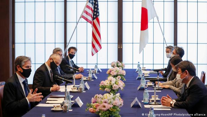 US Secretary of State Antony Blinken, left, talks with Japanese Foreign Minister Toshimitsu Motegi, right, during a meeting in Tokyo Tuesday, March 16, 2021. 