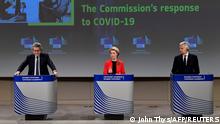 March 17, 2021***
(L-R) EU commissioner for internal market and consumer protection, industry, research and energy Thierry Breton, European Commission President Ursula von der Leyen, and EU commissioner for Justice Didier Reynders, give a press conference following a college meeting to introduce draft legislation on a common EU COVID-19 vaccination certificate at the EU headquarters in Brussels, Belgium March 17, 2021. John Thys /Pool via REUTERS