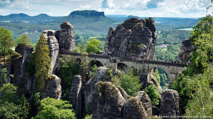 Germany, view of the Bastei sandstone rock formation